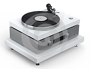 Vinyl record player or DJ turntable with retro vinyl disk on white background.