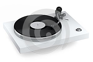 Vinyl record player or DJ turntable with retro vinyl disk on white background.