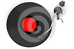 Vinyl record player or DJ turntable with retro vinyl disk on white background.