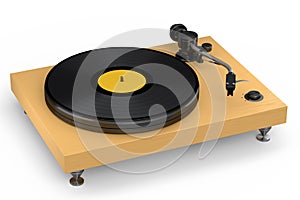 Vinyl record player or DJ turntable with retro vinyl disk on white background.