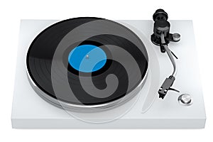 Vinyl record player or DJ turntable with retro vinyl disk on white background.