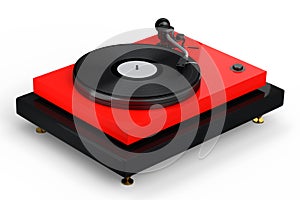 Vinyl record player or DJ turntable with retro vinyl disk on white background.