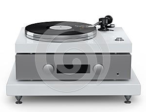 Vinyl record player or DJ turntable with retro vinyl disk on white background.