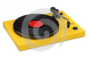 Vinyl record player or DJ turntable with retro vinyl disk on white background.