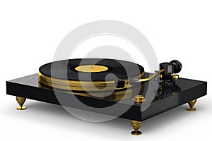 Vinyl record player or DJ turntable with retro vinyl disk on white background.