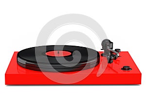 Vinyl record player or DJ turntable with retro vinyl disk on white background.