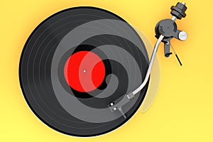 Vinyl record player or DJ turntable with retro vinyl disk on yellow background.