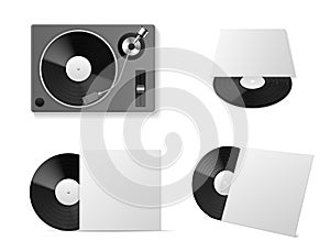 Vinyl record player mockup. Realistic vinyl turntablism, isolated black plate disc in different angles, blank cardboard