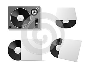 Vinyl record player mockup. Realistic vinyl turntablism vintage musical equipment, black plate disc in different angles, blank