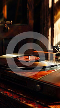 A vinyl record player is sitting on top of a wooden table