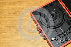 Vinyl record player on table