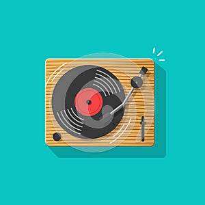 Vinyl record player vector illustration, flat cartoon retro vintage turntable playing melody icon isolated clipart