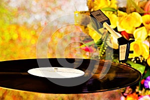 Vinyl record on a retro disco background bokeh lights and flowers. The vinyl gramophone record retro disco. Music and singing