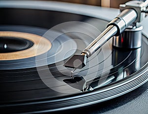 Vinyl record spinning on turntable close up. The character and all objects are fictitious, the image was created using the neural