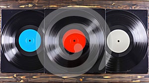 Vinyl records. Assortment of vinyl LPs. Top view. Concept of music diversity, vintage collection aesthetics, retro music