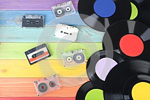 Vinyl records with cassette tapes