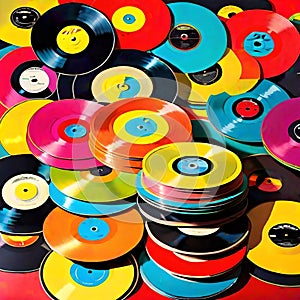 Vinyl records stack colorful old music record pop art