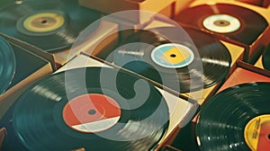 Vinyl records stored in boxes in a shop, evoking a vintage retro music style, Ai Generated
