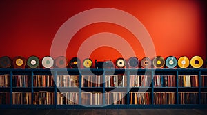 vinyl records and vinyl player on wooden shelf