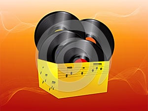 Vinyl records in a yellow box