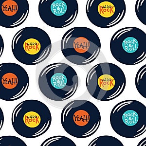 Vinyl rock records seamless pattern. Colorful plates with inscriptions. Hand drawn illustrations in simple doodle