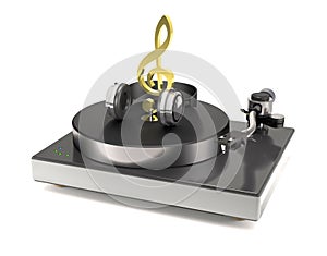 Vinyl turntable with gold treble clef and headphones 3d illustr