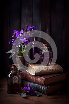 viola flowers with ancient books