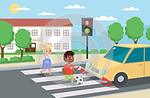 Violation road rules. Kids abruptly cross path, dangerous scene, playing ball roadway, sudden braking car, traffic