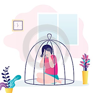 Violence in family. Crying woman sitting in a cage. Depression and divorce concept. Relationship family conflict, stress