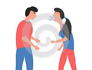 Violence in family. The girl screams at the guy.Wife shouts at her husband. Vector illustration