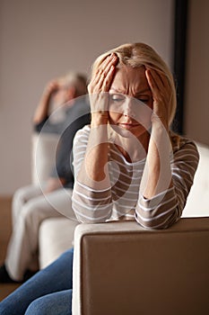 Violence in family. Upset woman, quarrel with her husband. Breaking up in old age