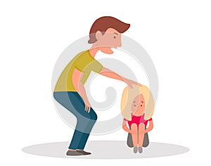 Violence in family.Young man reassures little girl. Vector illustration