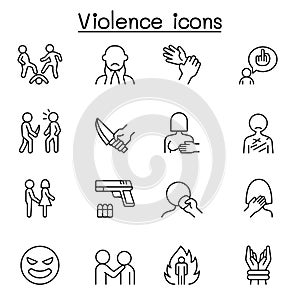 Violence, human trafficking, abuse, sexual harassment icon set in thin line style