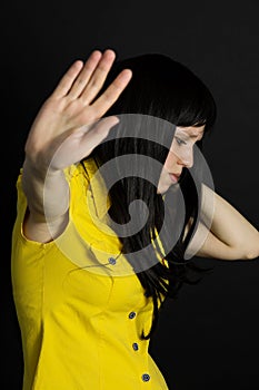 Violence, suffering girl showing stop hand