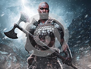 Violent african viking with axe in background of blizzard mountains