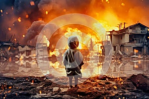 Violent explosion against the backdrop of the house. A child watches the explosion and fire. Sunset. Apocalypse. War. Nuclear