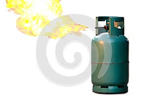 A violent flame burst from a gas tank . Safety concept .on isolated white background