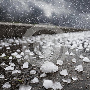 violent hailstorm with water on the ground on street photo.