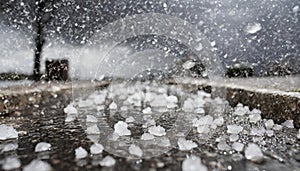 violent hailstorm with water on the ground on street photo.