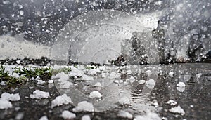 violent hailstorm with water on the ground on street photo.