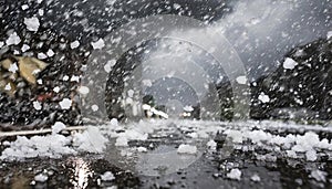 violent hailstorm with water on the ground on street photo.