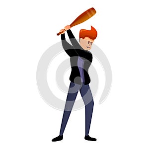 Violent man baseball bat icon, cartoon style