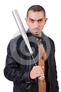 Violent man with baseball bat on white