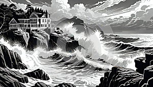 Violent ocean storm sea wave rocky coastline house