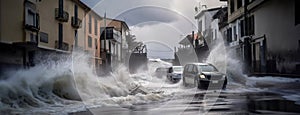 Violent waves crash over cars on a flooded street amidst a severe storm, suggesting the perilous conditions of a coastal