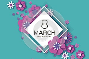 Violet 8 March. Happy Women s Day. Trendy Mother s Day. Paper cut Floral Greeting card. Origami flower. Text. Rhombus
