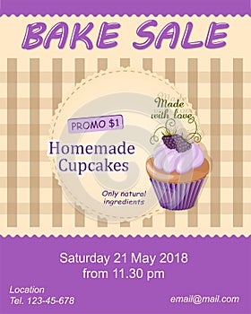 Violet bake sale promotion flyer with cupcake