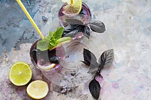 Violet basil lemonade with mint, lemon and lime