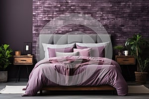 violet bedroom, purple walls and purple bedding, front view of a sleeping bed in the room.