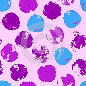 Violet, blue messy grunge polka dot. Grungy dotted seamless pattern.